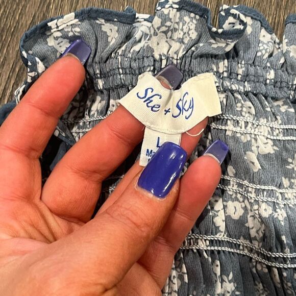 She + Sky Smocked High Waist Mini Skirt Blue Floral Print Size L - Picture 2 of 4